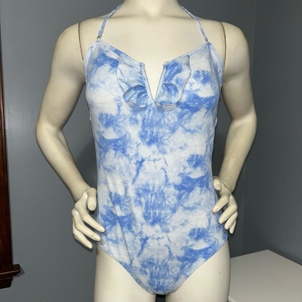 Victorias Secret M One Piece Blue Tie Dye Cloud Plunge V Front Cheeky Swimsuit